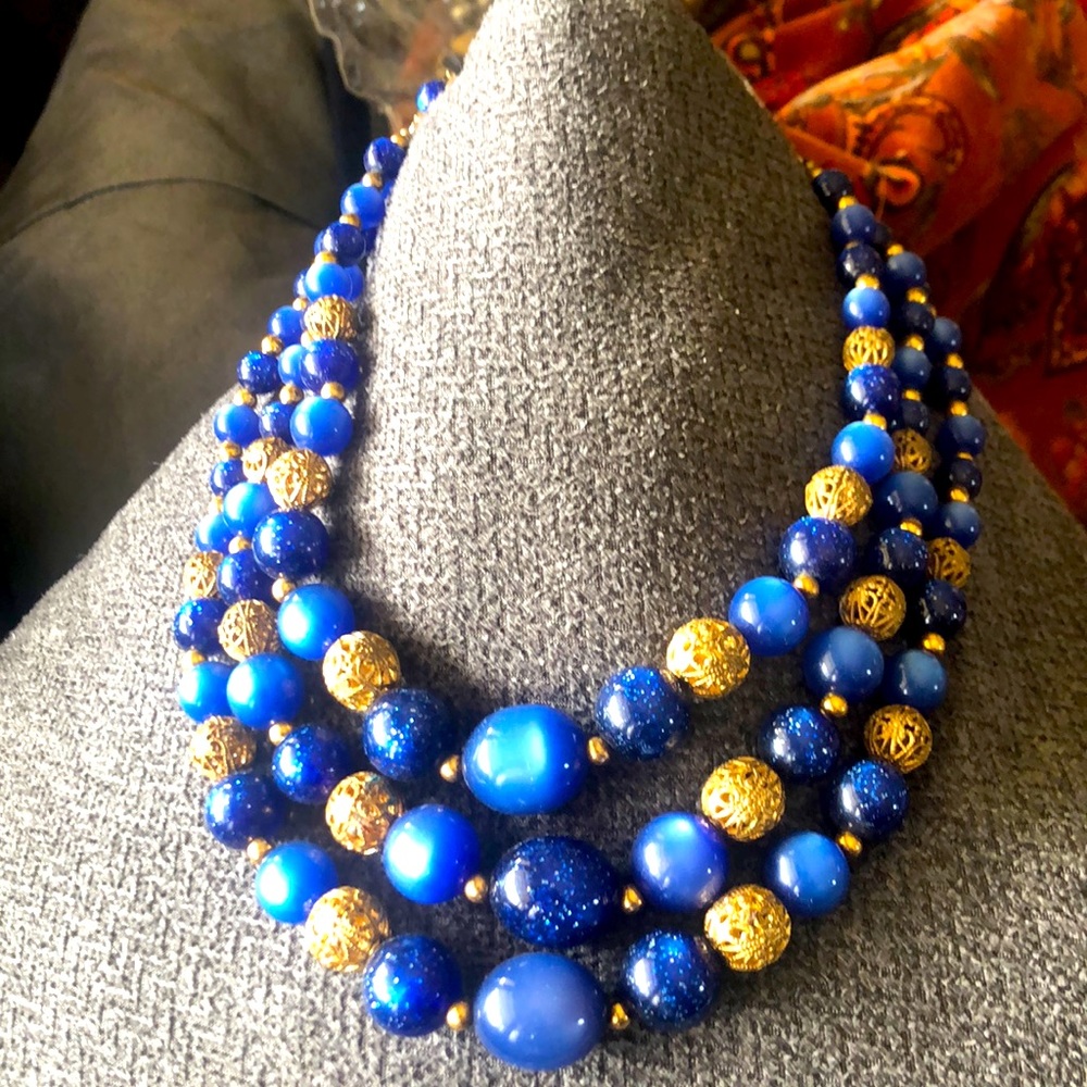 Two Toned Blue and Gold 3 Strand Necklace
